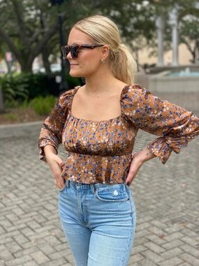 vestique Mustard Floral Smocked Square-Neck Crop Top